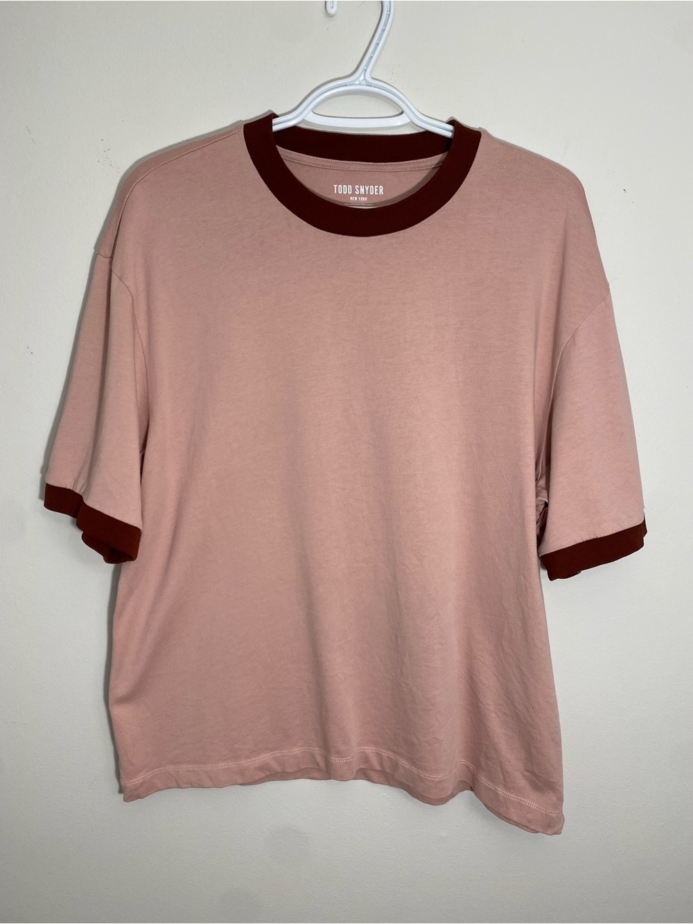 Todd Snyder Dusty Pink Tee with Burgundy Trim Small